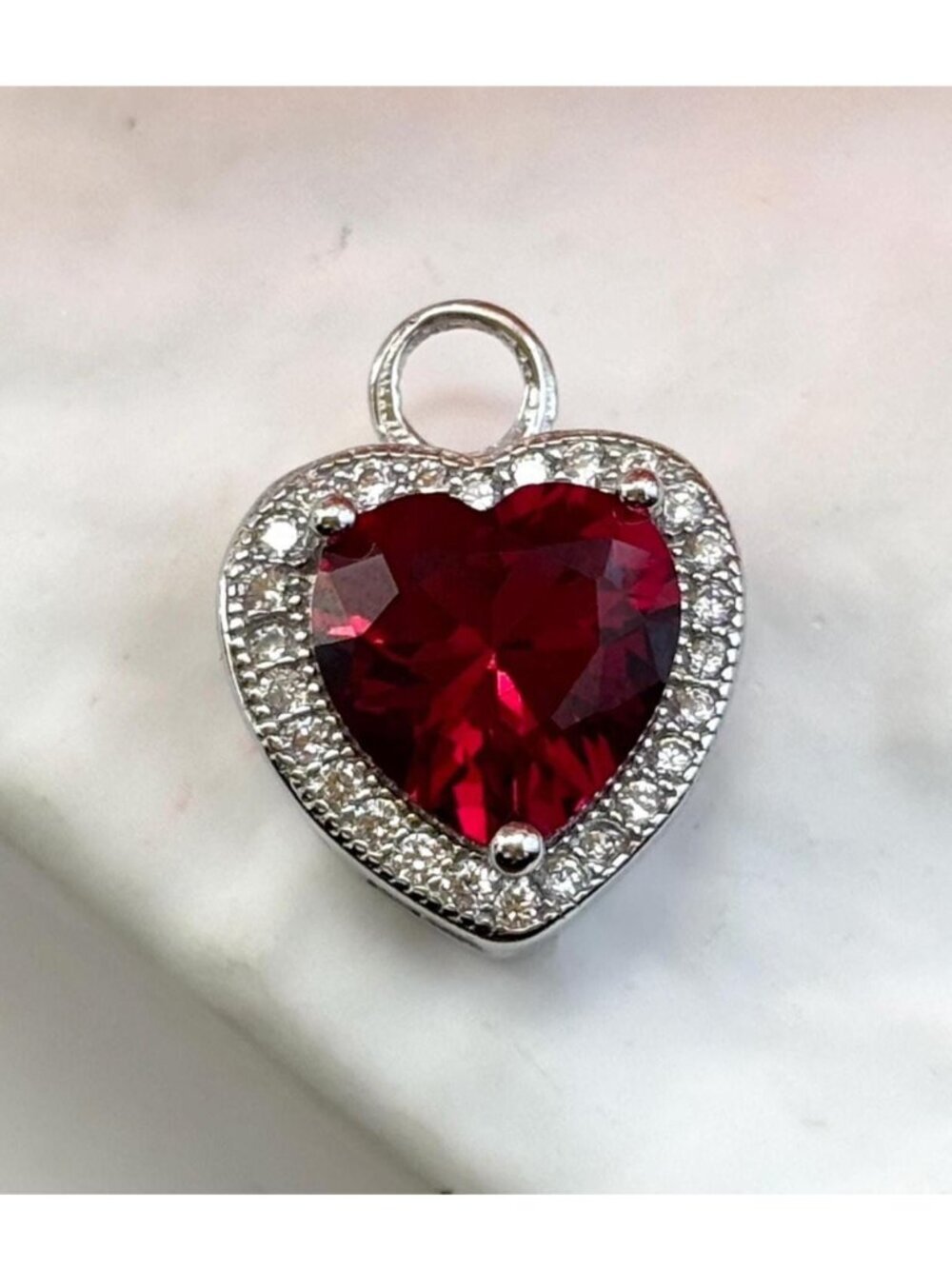 Heart Shaped Red Cubic Zirconia 925 Sterling Silver Vintage Pendant | Charm